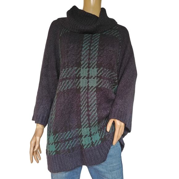 Lands’ End 1X Plaid Cowl-Neck Poncho Sweater Navy/Green Tartan - Picture 1 of 5